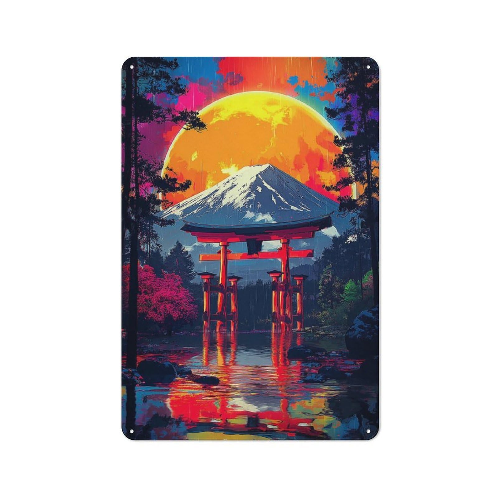 Junmoney Neon Japanese Gateway Sunset Rustic Tin Sign 30X20cm For Man Cave Or Games Room, Housewarming Present For People Styling Man Cave And Games Room