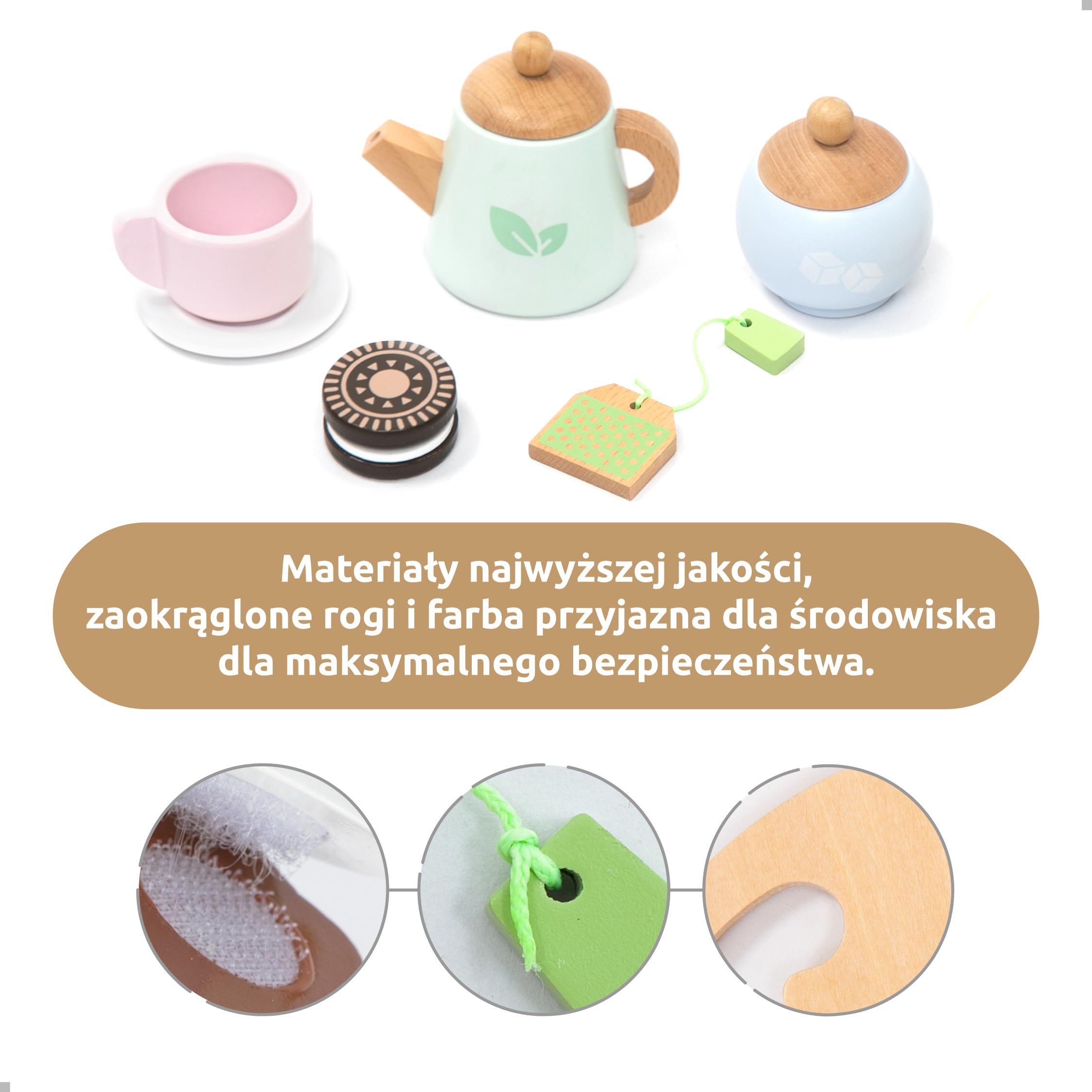 Drewniany serwis do herbaty dla dzieci – zestaw z kubkami, cytryną i torebkami, zabawka od 3 lat