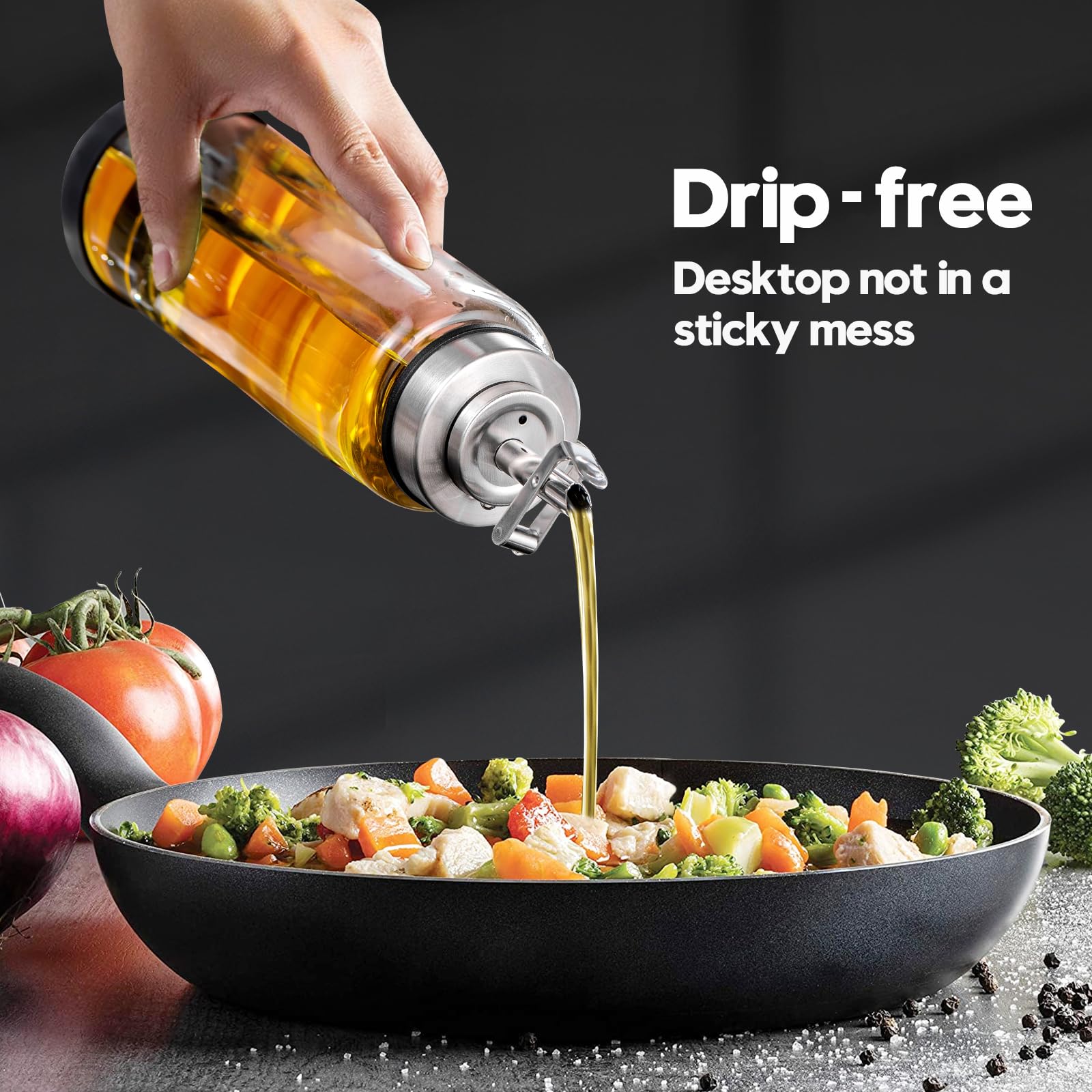 Botella dispensadora de aceite de oliva de vidrio para cocina, dispensador de aceite de cocina inastillable y a prueba de fugas con boquilla de acero inoxidable y parte inferior de goma,