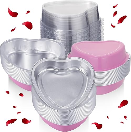 Fainne 100 juegos de moldes de papel de aluminio de 5 pulgadas con forma de corazón para el día de San Valentín con tapas transparentes de 7.6 fl