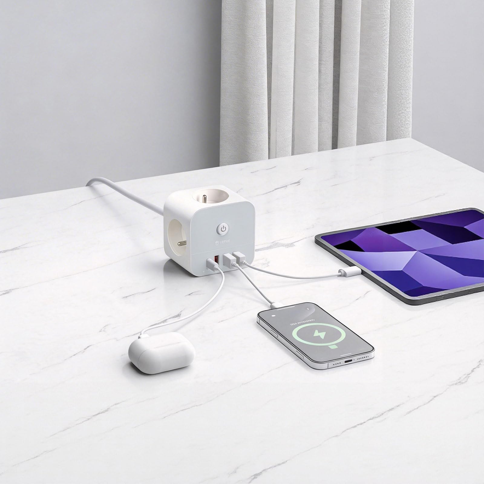 VEFVE Regleta Tipo E (Estándar Francés), Cubo Enchufes USB C 20W PD, Ladrón 7 en 1 con Interruptor, para Francia/Bélgica/Polonia, Cable 3m, Blanco