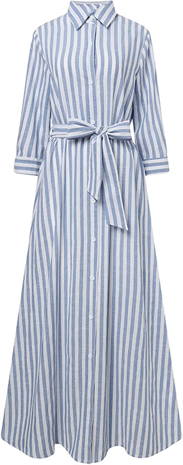 SOMTHRON Women's Summer Striped Shirt Dress 3/4 Sleeve Button Down Lapel Cotton Linen Maxi Dress with Belt - Image 4
