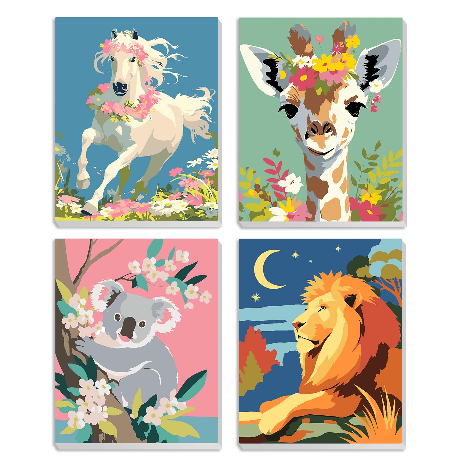 MXJSUA 4 Pack Animals Framed Canvas Paint by Numbers for Kids Adults, Koala Lion Horse Giraffe Paint by Numbers Kit for Children Beginners, Acrylic Painting Craft Kits for Home Wall Decor, 20x20cm