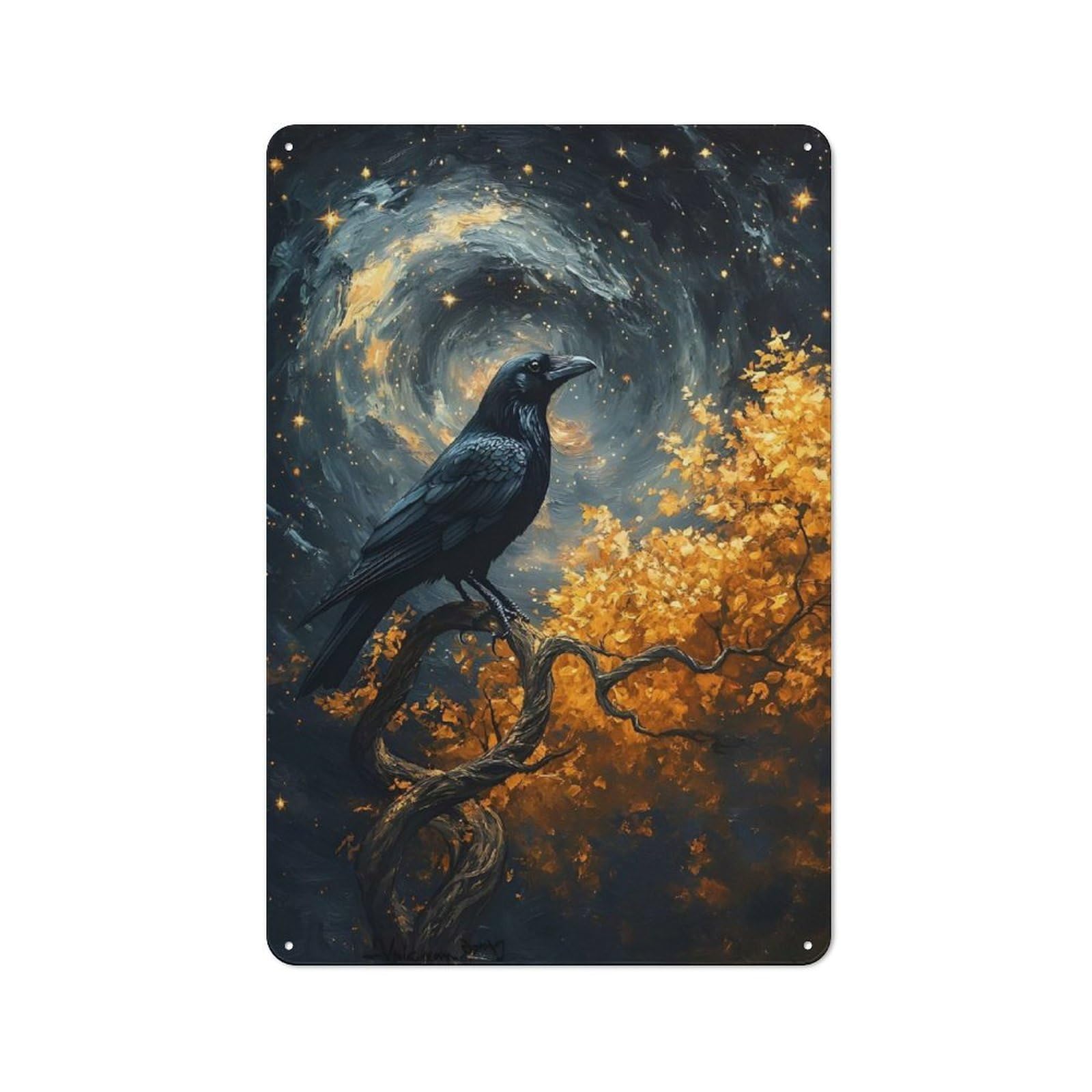 Junmoney Style Raven On A Twisted Tree Under A Starry Sky Clean Industrial Metal Wall Decor 30X20cm, Decorative Metal Plaque For Workspace, Cafe, Hallway Or Garage