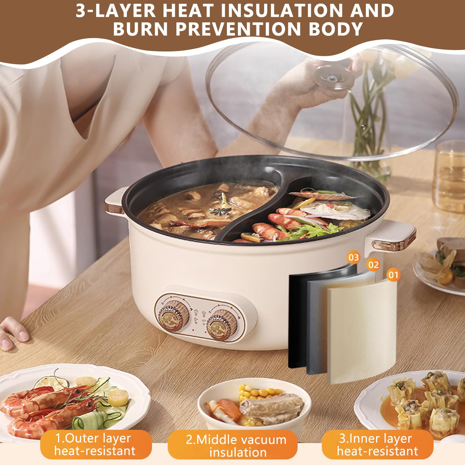Hot Pot Elektrisch, 5.5L Doppelter Topf mit Zwei Reglern, 1600W Elektrischer Kochtopf mit Trennwand - 3 Speed Settings, Multifunktionale Hotpot für Braten Ramen Fondue und GemüSe Rühren