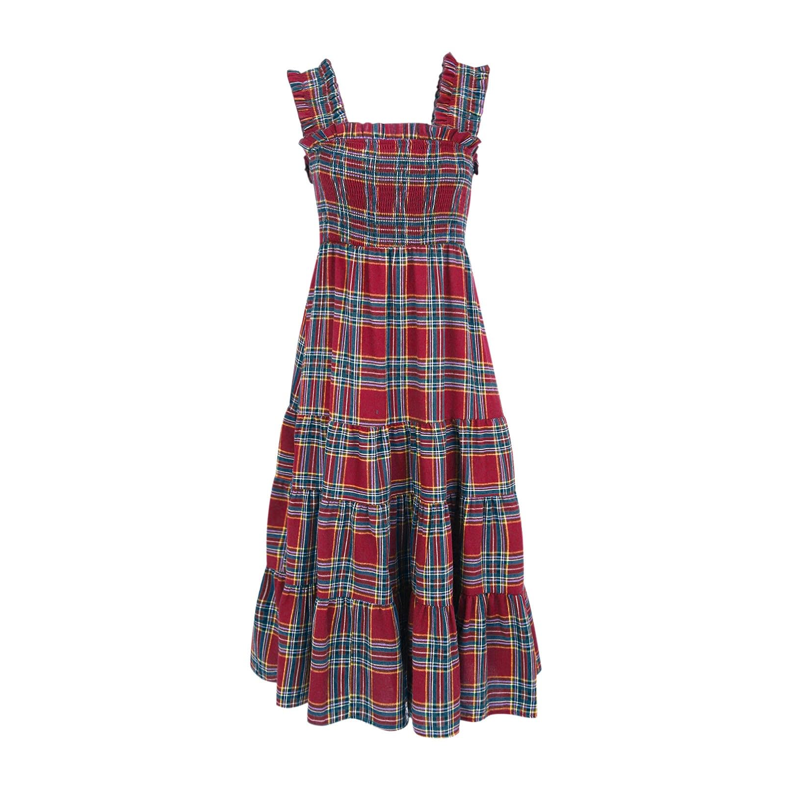Maxi abito natalizio da donna con scollo quadrato, senza maniche, lungo, a quadretti, abito midi bianco