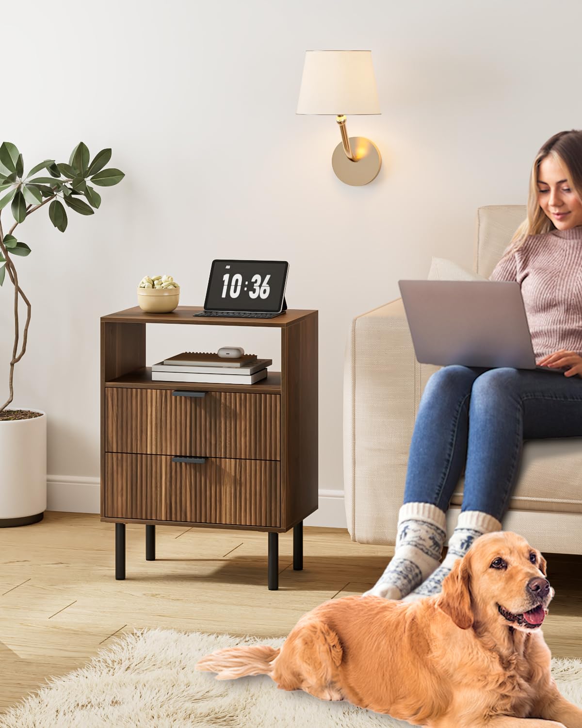 Nachttisch mit 2 Schubladen, Nachtschrank Holz, Walnuss