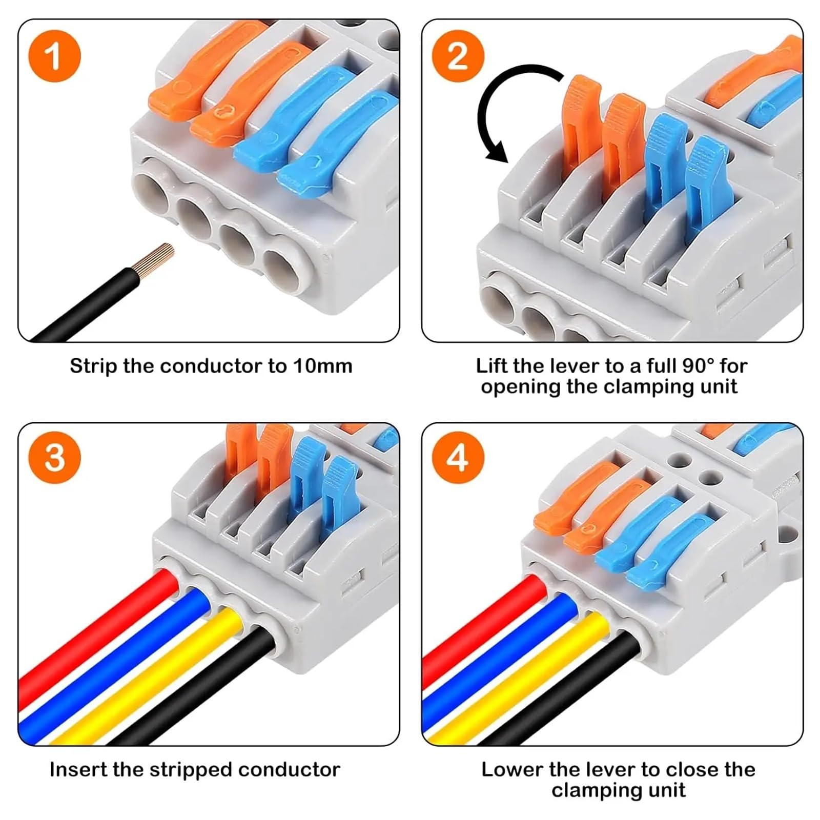 Lot de 10 connecteurs de fils rapides 2 en 4 sorties, écrous à levier électrique, connecteurs de fils à enfoncer