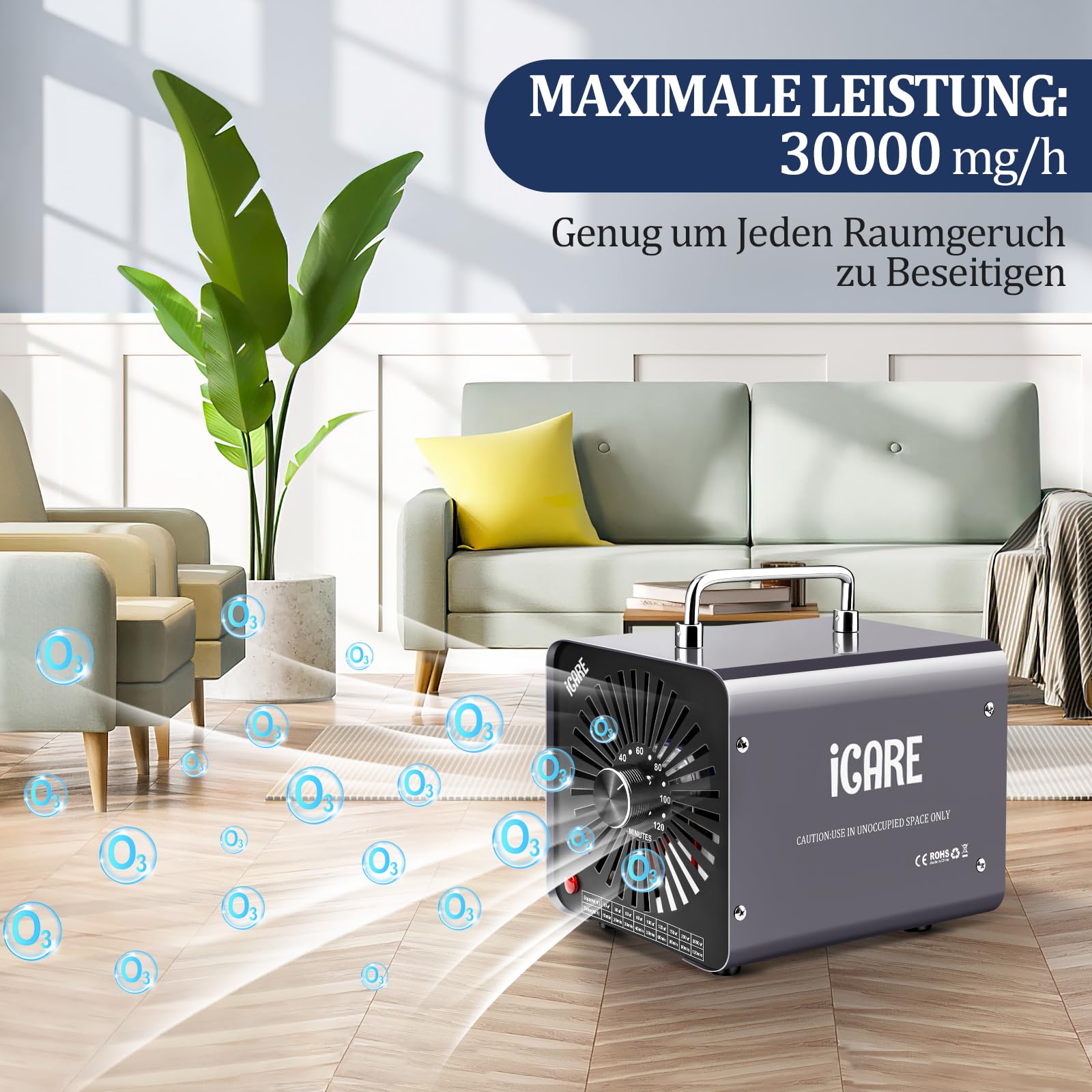 ICARE Ozongenerator 30000mg/h Ozongerät, Ozonisator Industrieller O3 Ozon Luftreiniger mit 120 Min Timer für 300㎡ Geruchskiller Geruchsneutralisierer für Auto, Rauch, Haustiergerüche, Küchengerüche