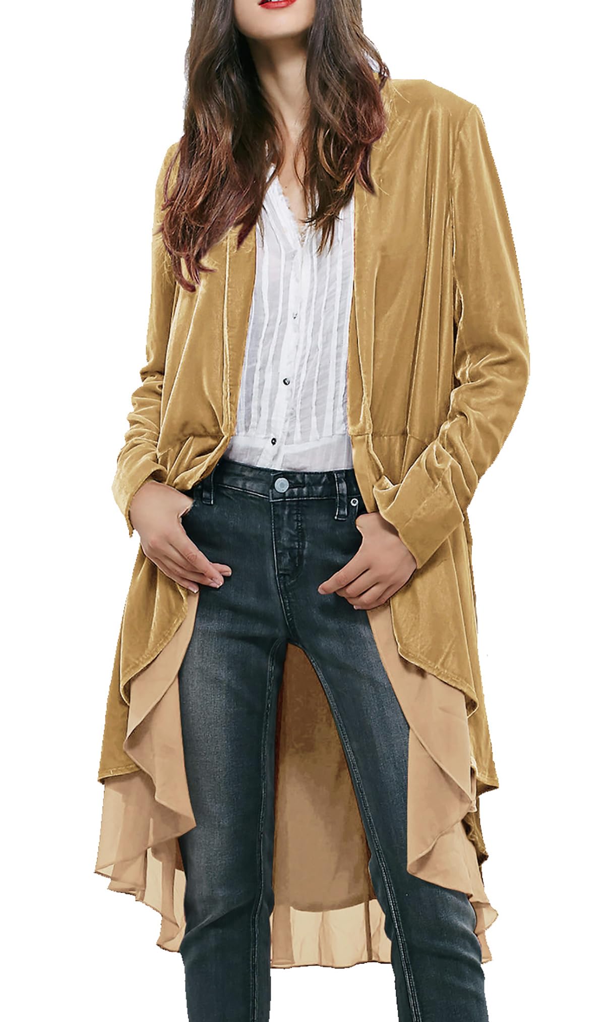 R.vivimos Women's Khaki Autumn Winter Velvet Ruffle Coat Casual Vintage Long Jacket Collarless Classic Swallowtail Hem Blazer(Small,)