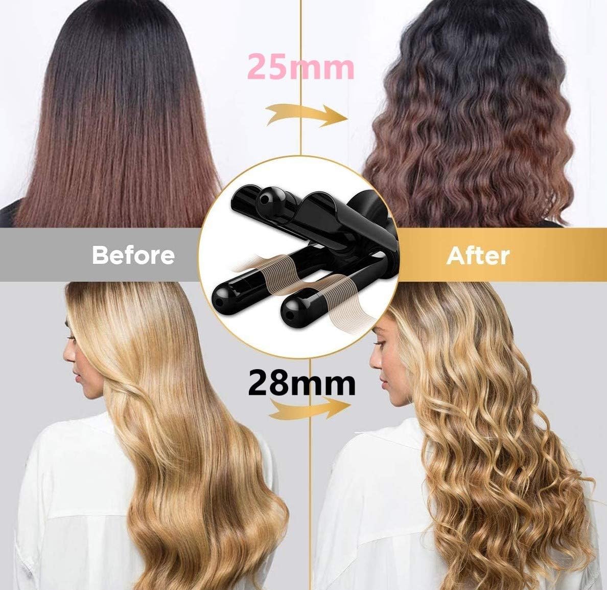 Hair Curling Iron 3 Barrel Wand Temperature Adjustable 25mm Hair Waver (Pink) : Beauty & Personal Care