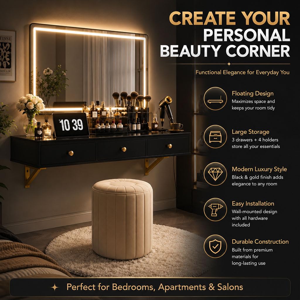 47 Wall-Mounted Floating Vanity Table Floating Shelf with Drawers & Storage Holes Multi-Purpose Makeup Station Hairdressing Desk or Study Table with Glass TopBlack product thumbnail 6