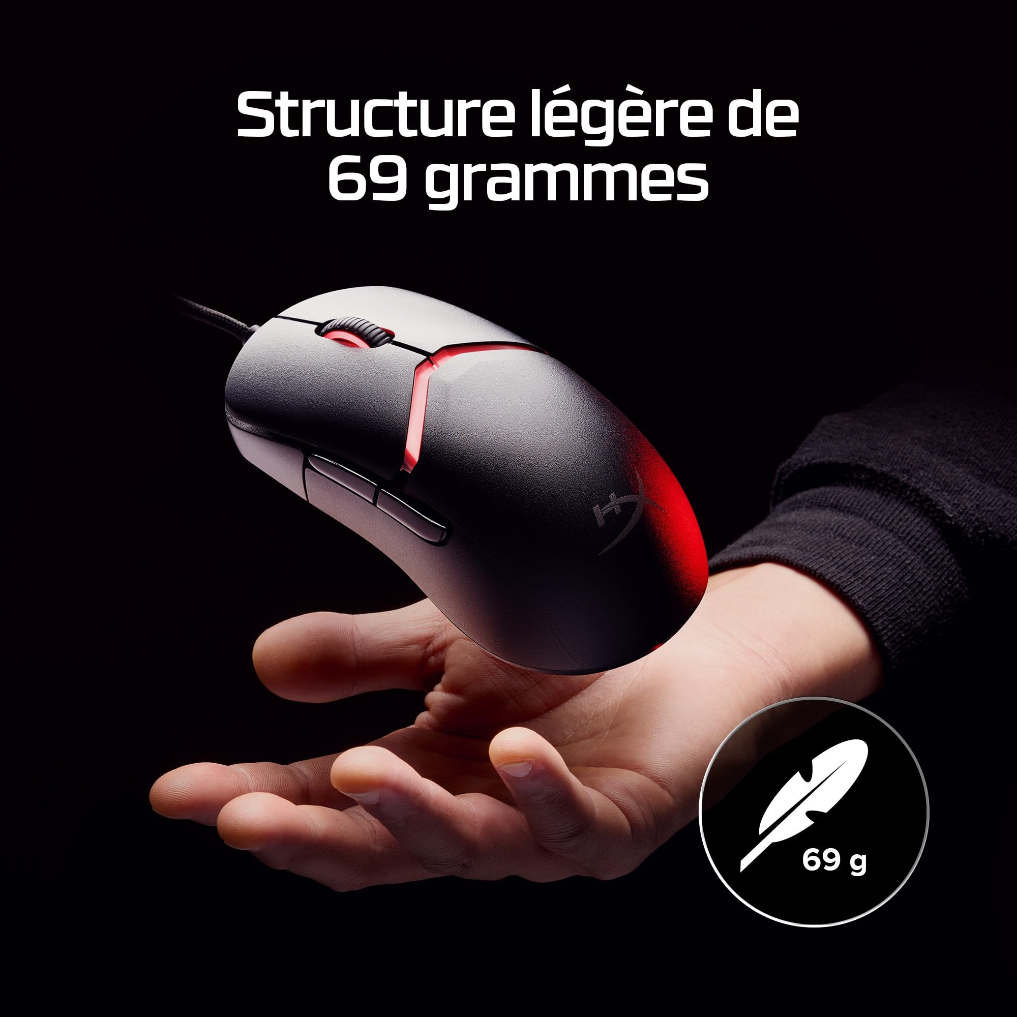 HyperX Pulsefire Saga, Souris Gaming Filaire Ultra-légère modulable de 69g, capteur Optique HyperX 26K jusqu'à 26 000 DPI, taux d'interrogation 8 000 Hz, Cordon Hyperflex 2, RGB, Noir