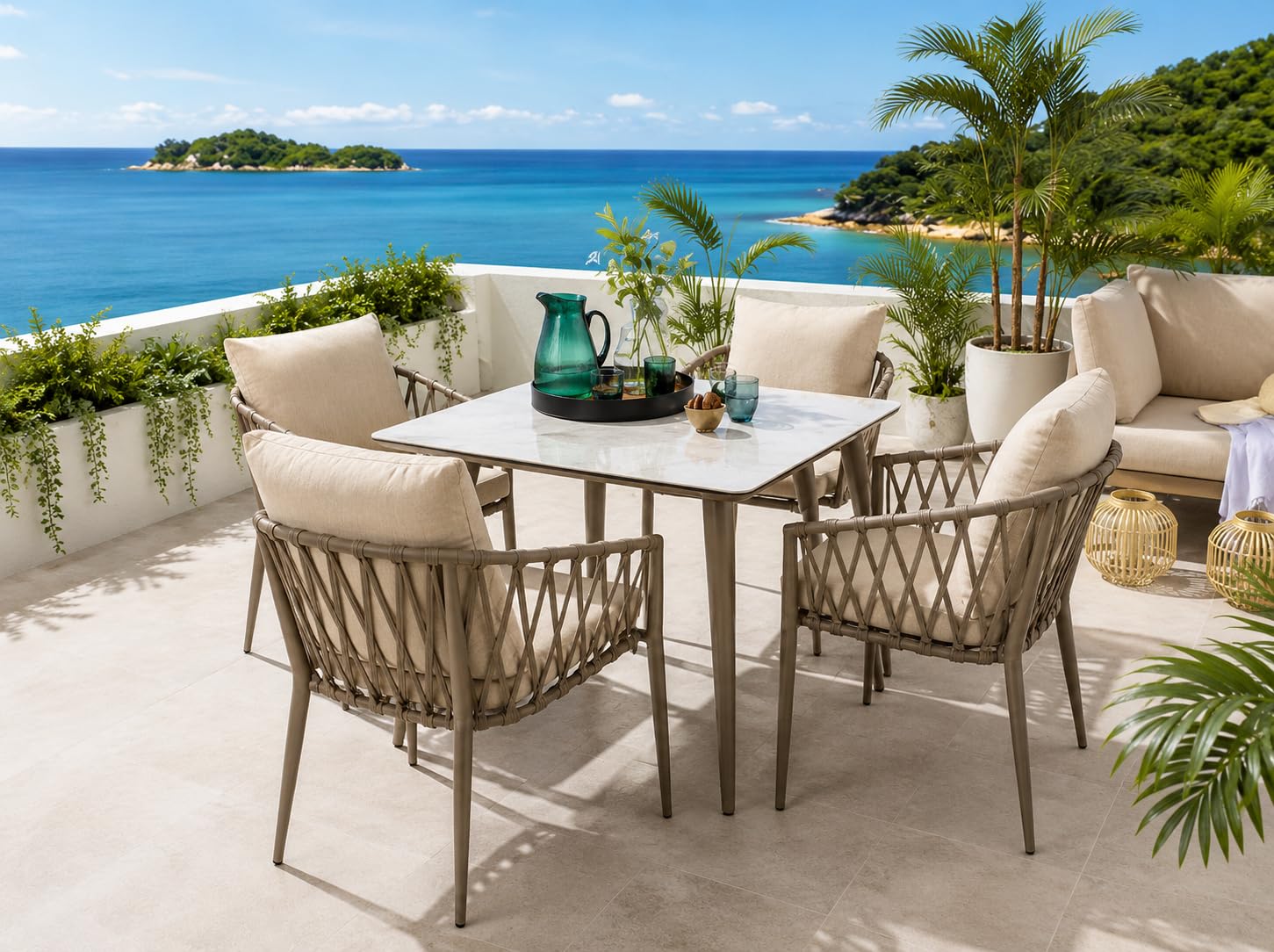 5-Piece Outdoor Dining Set with Table, Beige | Handwoven Rope Chairs, Plush Cushions Included, Weather Resistant, Powder-Coated Frame, Patio & Balcony Use-image-25