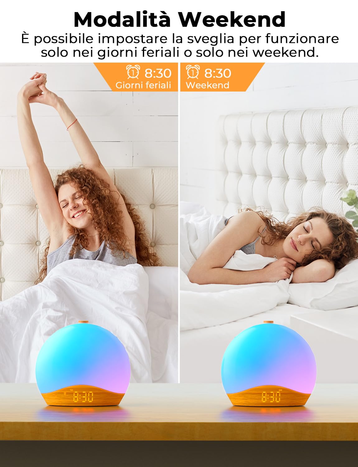 LIORQUE Sveglia Simulazione Alba, Doppia Sveglia, 20 Livelli, 9 Colori | Sveglia Comodino, Rumore Bianco, Luce Notturna, Modalità Weekend, Snooze, 22 Suoni, FM/Bluetooth, 5W USB