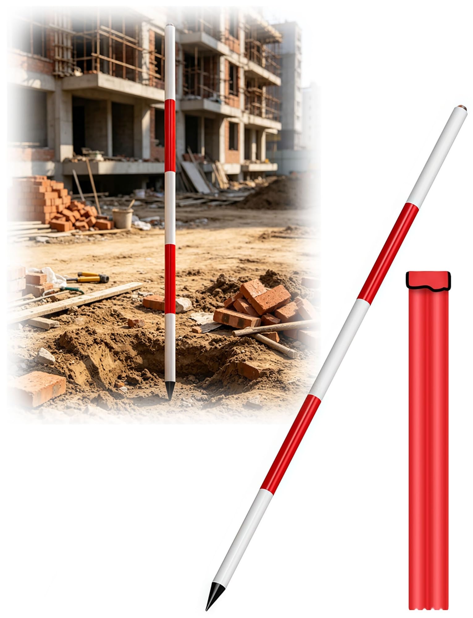 Asta di rilevamento e livellamento in Alluminio da 2/3/5 Metri per tracciamento Edile, rilevamento topografico, sondaggio di Pozzi d'Acqua con Scala Rossa (5 Metri)