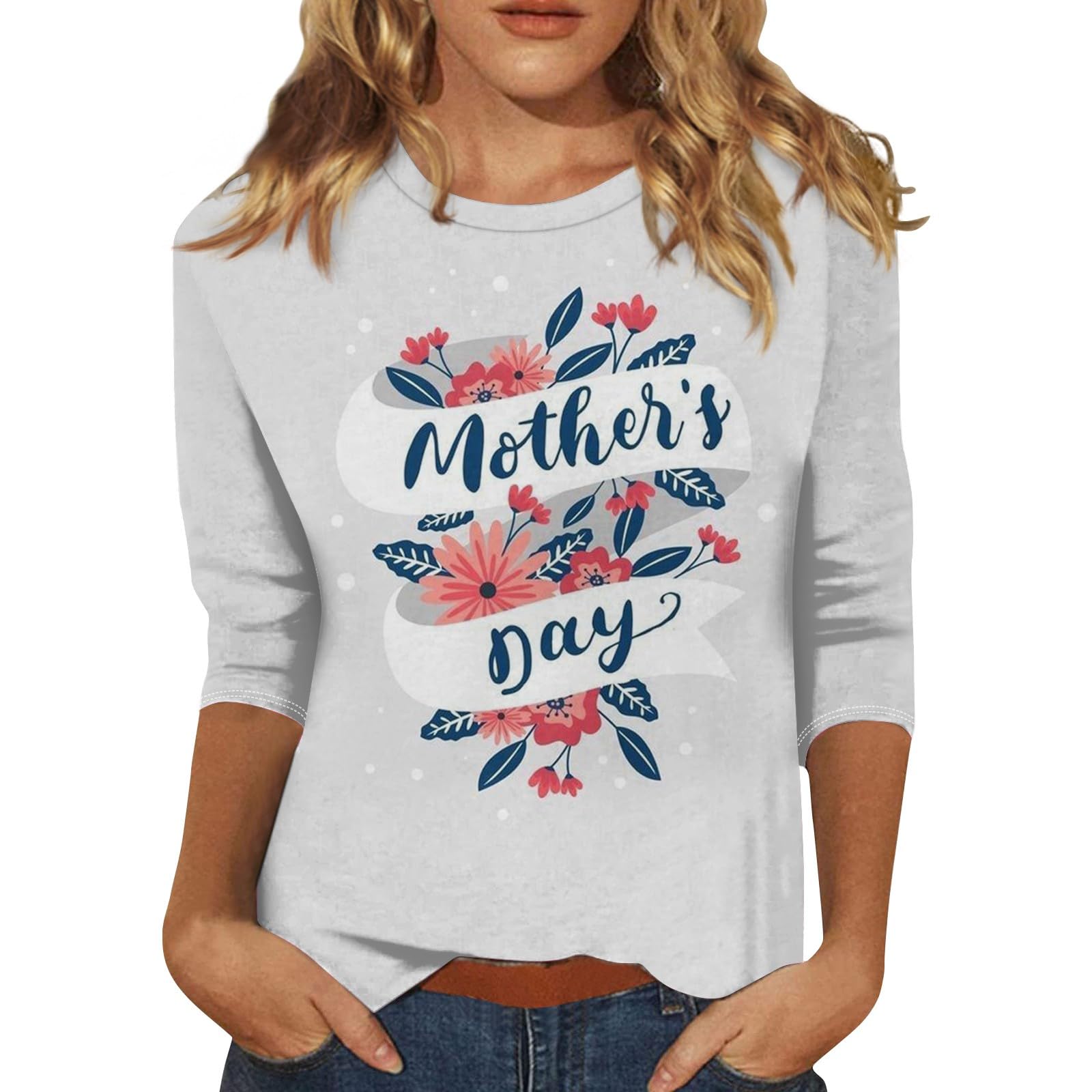 Mother's Day 3/4 Length Sleeve Womens Tops Casual Loose Fit Crewneck T Shirts Cute Three Quarter Length Tunic Tops