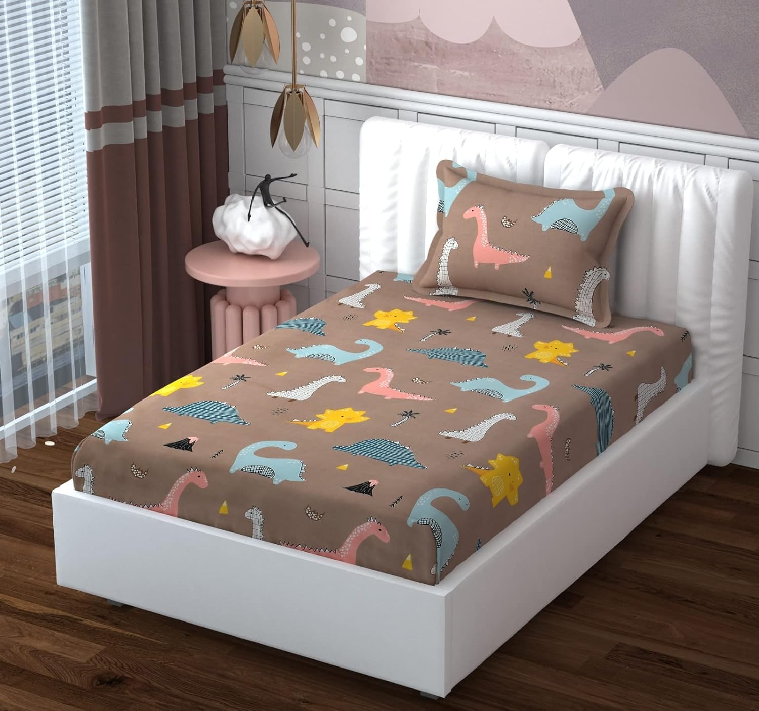 Glace Cotton Digital Print Kids Favourite Character 1 Single bedsheet with 1 Pillow Cover for Kids Room/Living Room - multibrown Dinosaur-image-21
