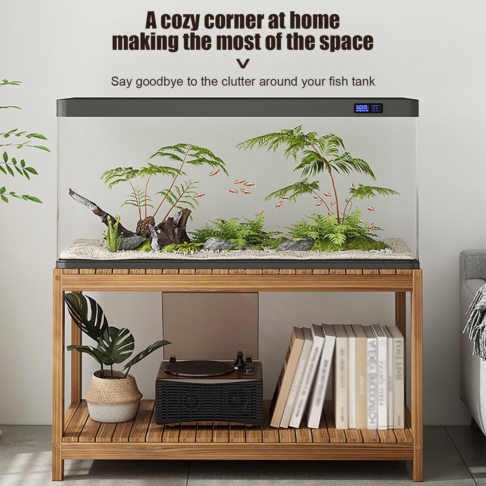 Soporte de madera for pecera con diseño reforzado de almacenamiento de