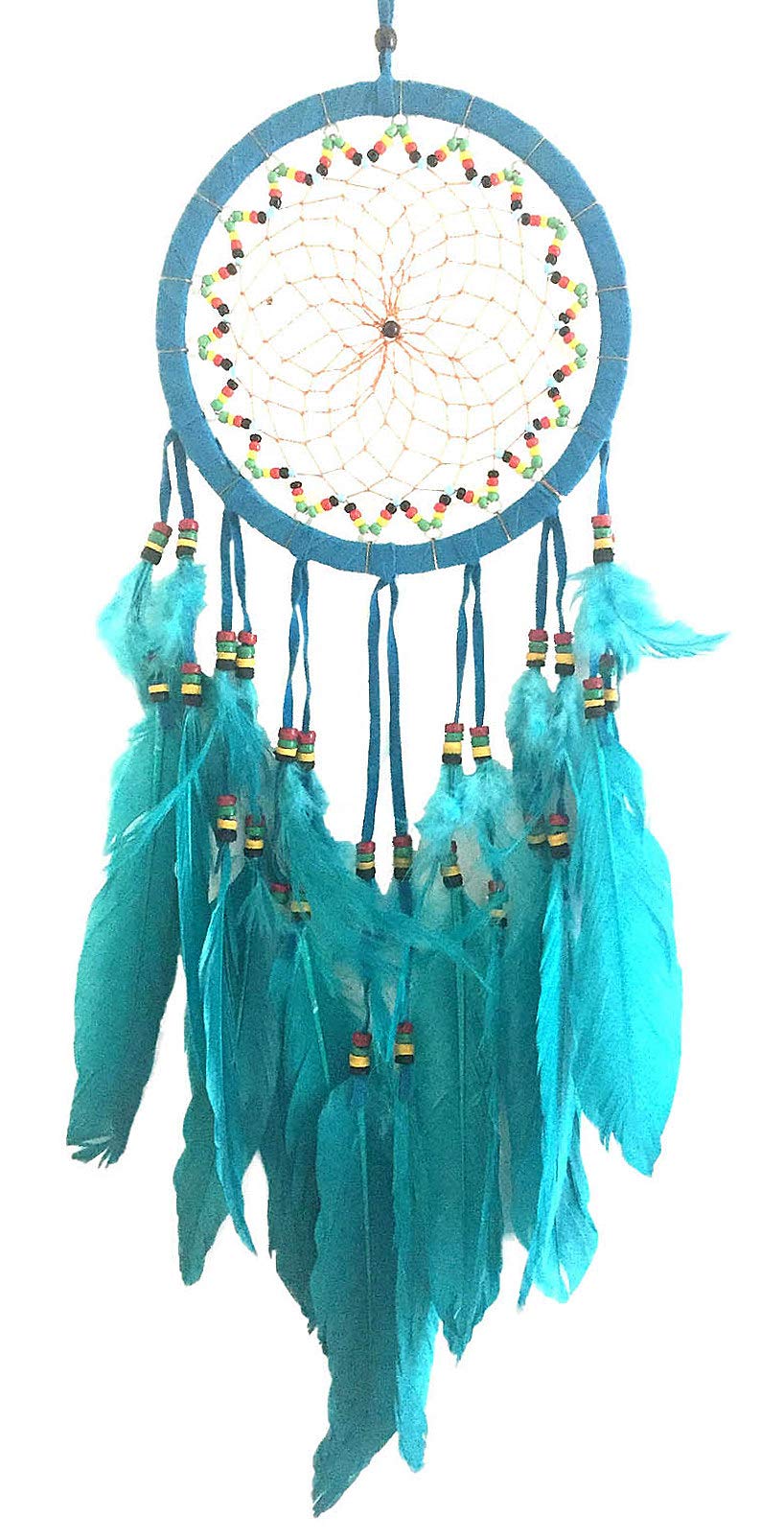 Dream Catcher - Dream Catcher - Traditional Turquoise Blue Suede Dreamcatcher with Rasta Chakra Beads & Feathers Intricate Design - 26