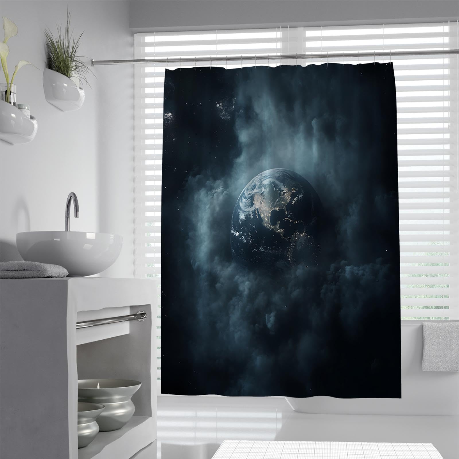 Fantasy Space Duschvorhang Liner für Badezimmer Traumhafte Erde und Sternenhimmel Badevorhänge mit Haken Extra langes wasserdichtes Polyester 180 x 220 cm