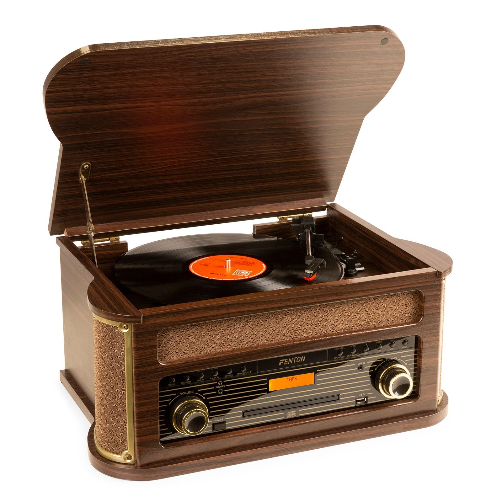 Fenton Memphis Giradiscos Vintage Madera Oscura, tracción Correa, Reproductor de Cassettes y CD, Altavoces incorporados, Radio Dab+/FM, Bluetooth, Aguja cerámica, Salida RCA, autostop