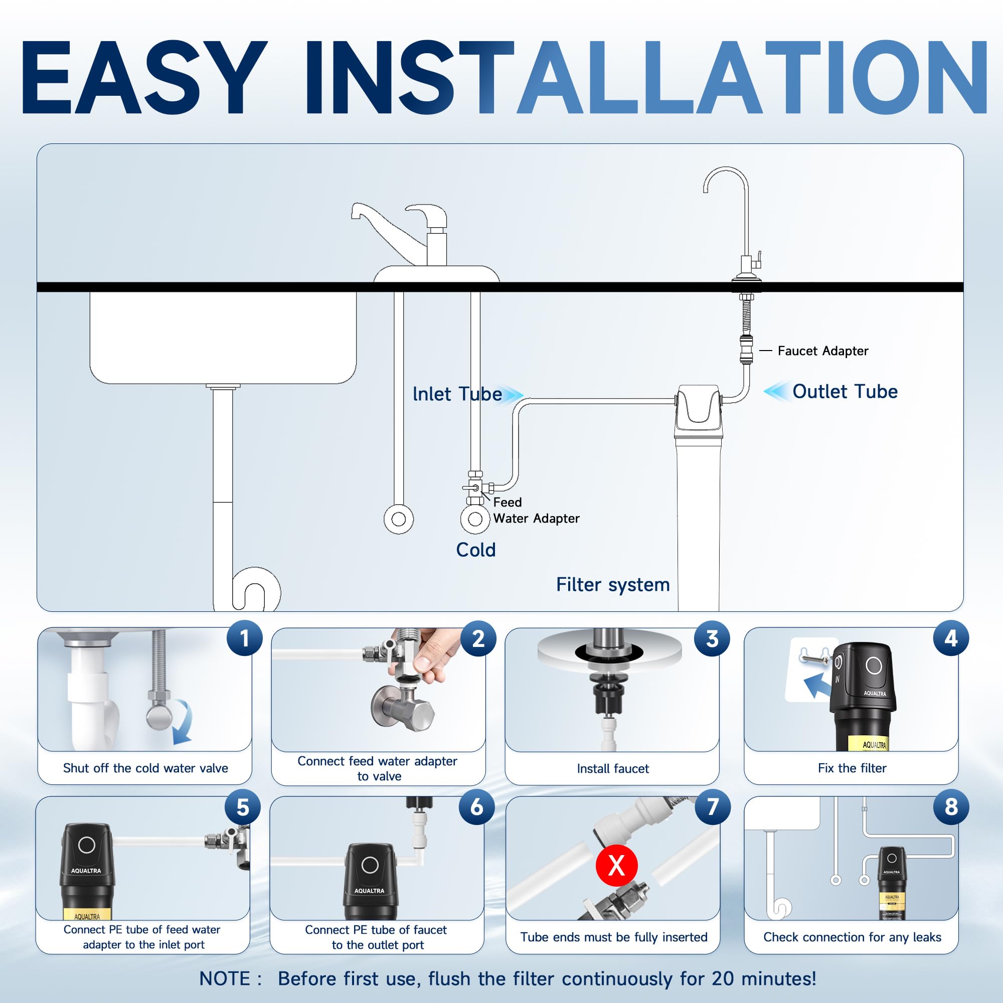 AQUALTRA USF01-BKF Sistema bajo fregadero con grifo, 45400L, certificado NSF/ANSI/CAN 372, reduce PFOA, PFOS, cloro, plomo, mercurio, cloramina, fluoruro, microplásticos, mal sabor & olor