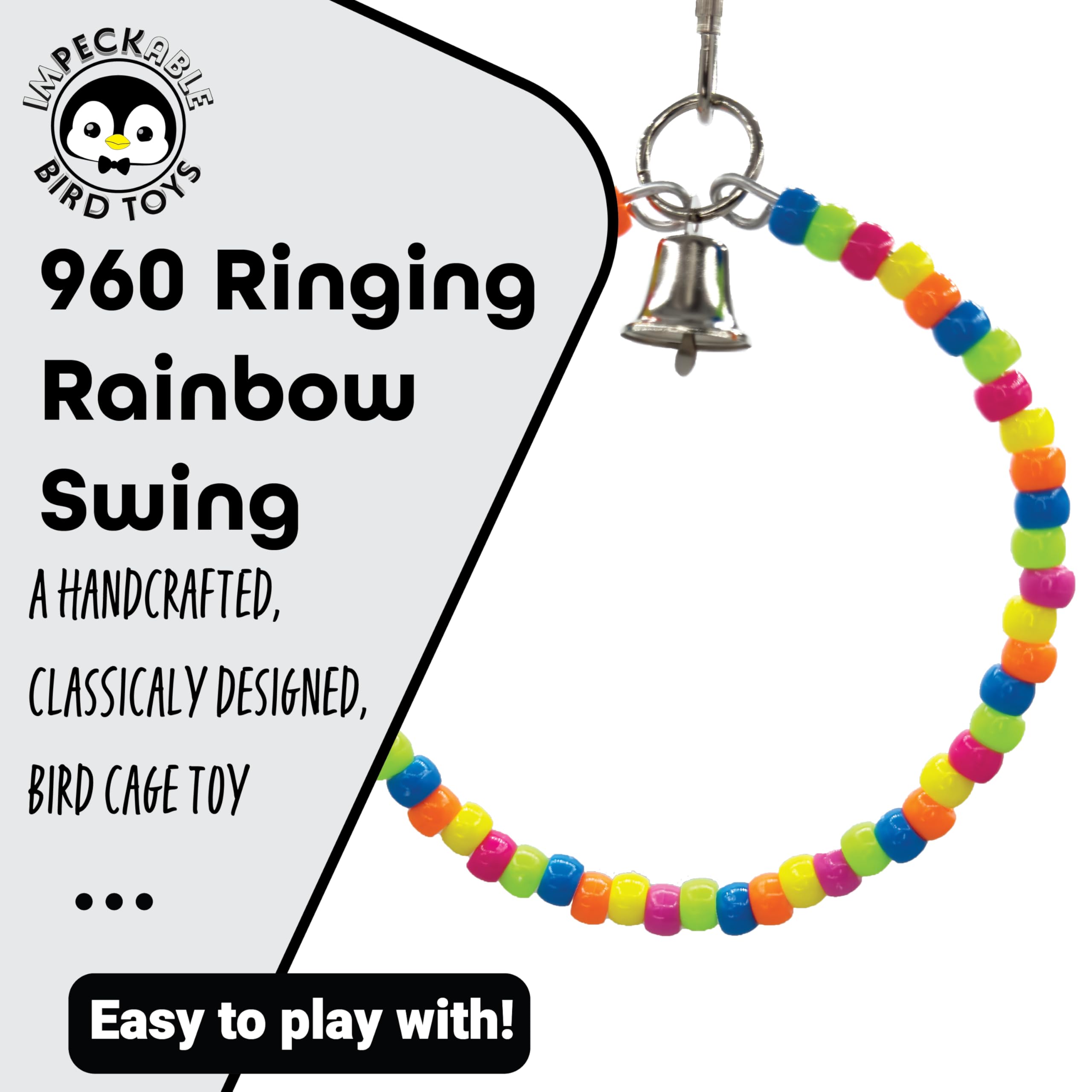 960 Ringing Rainbow Swing- Handcrafted Colorful Bird cage Toy, Smooth Rainbow Plastic Beads, Ringing Metal Bell, Fun Circle Swing Shape, Great for Small Birds Parakeets Cockatiels Budgies Lovebirds