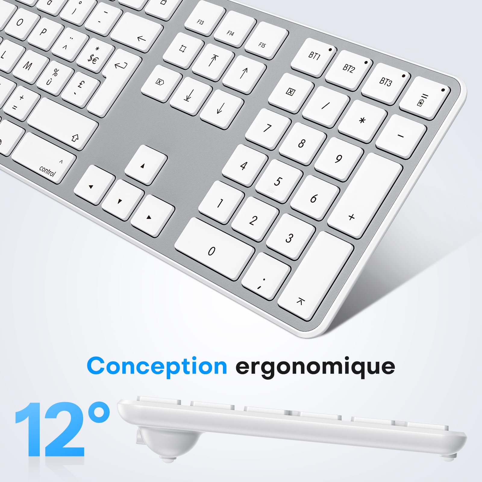OMOTON Kit Clavier et Souris sans Fil Bluetooth pour Mac AZERTY, Argent | Rechargeable avec 3 Canaux Bluetooth, Clics Silencieux, Ultra Slim, pour Apple Mac Pro/Mini, MacBook Neo/Air, iMac, iMac Pro