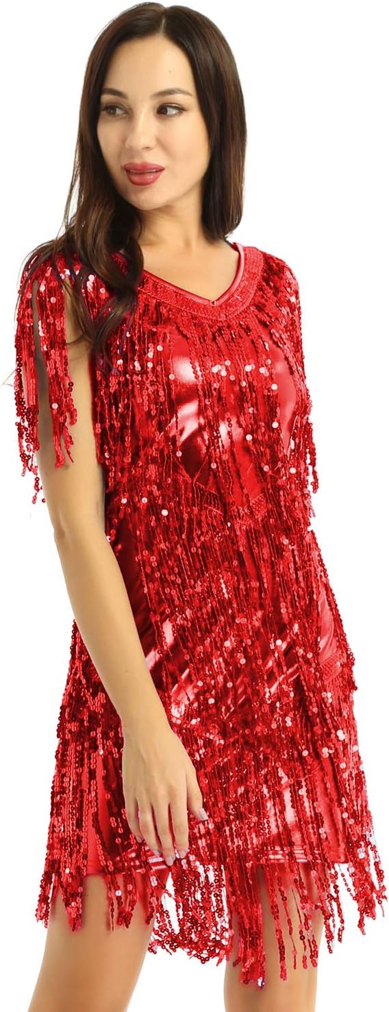 iEFiEL Women's Gowns V Neck Sparkling Sequin Tassels Rhythm Ballroom Salsa Samba Rumba Tango Latin Dance Dress