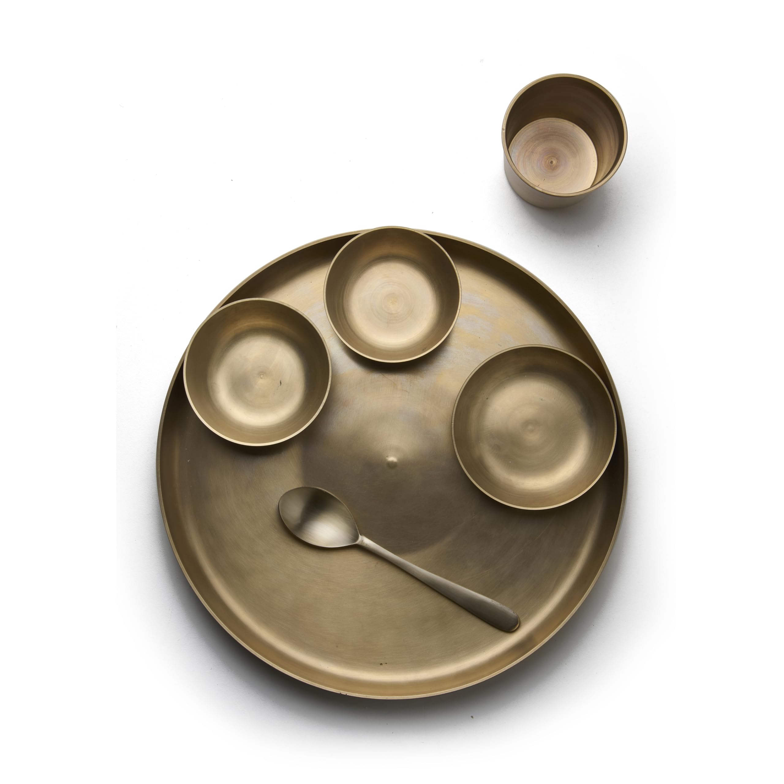 KLEO Kansa - Juego de 6 platos Thali de bronce | 1 plato, 2 cuencos, 1 vaso, 1 cuchara y 1 plato dulce | Juego de utensilios de bronce para auténtica colección de comedor indio, vajilla de metal