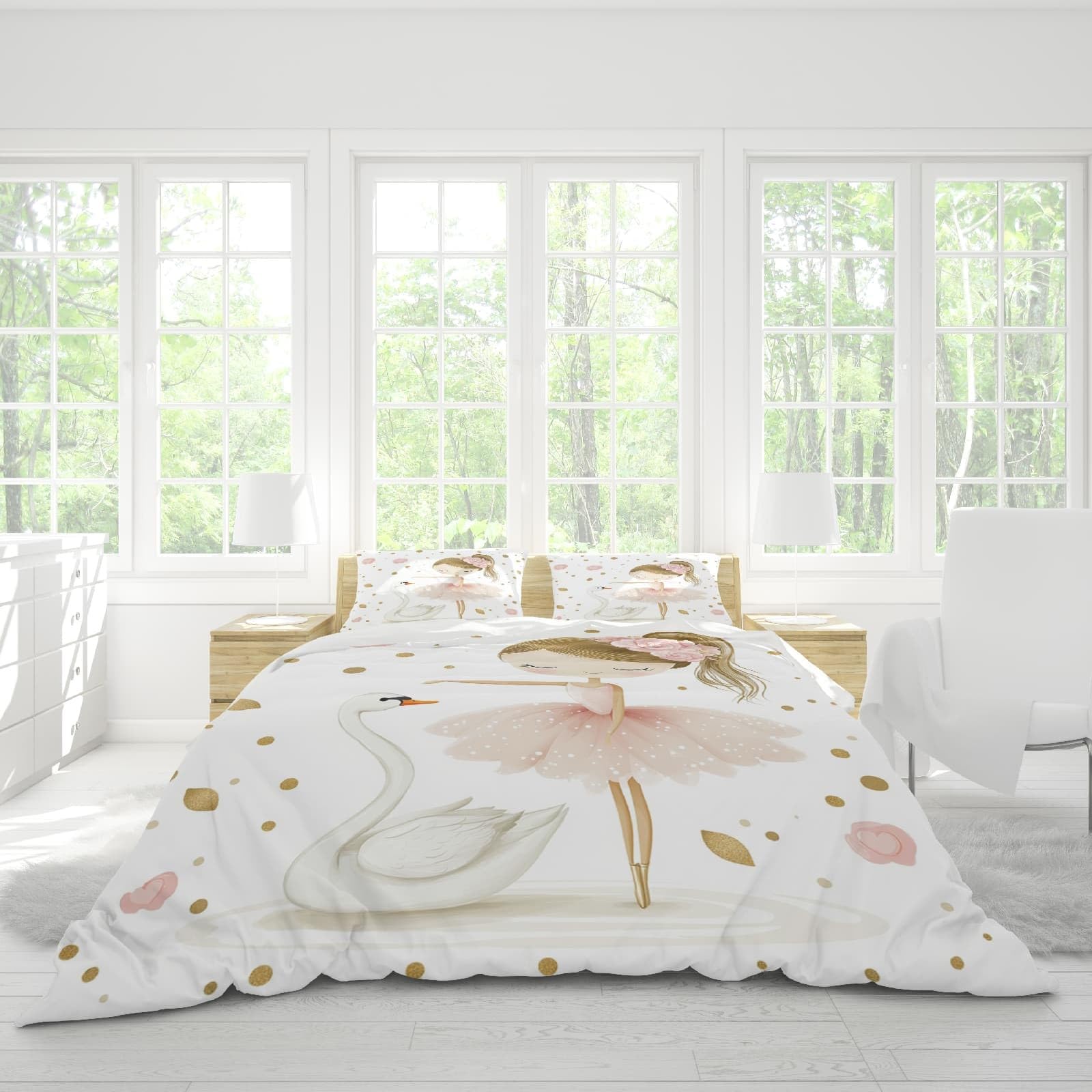 Set Copripiumino Modello di Ballerina Dei Cartoni Animati Matrimoniale 3 Pezzi in Microfibra, Copripiumino 240x220 cm e 2 Federe, Parure Biancheria da Letto Bianco per Adulti, Bambini e Adolescenti
