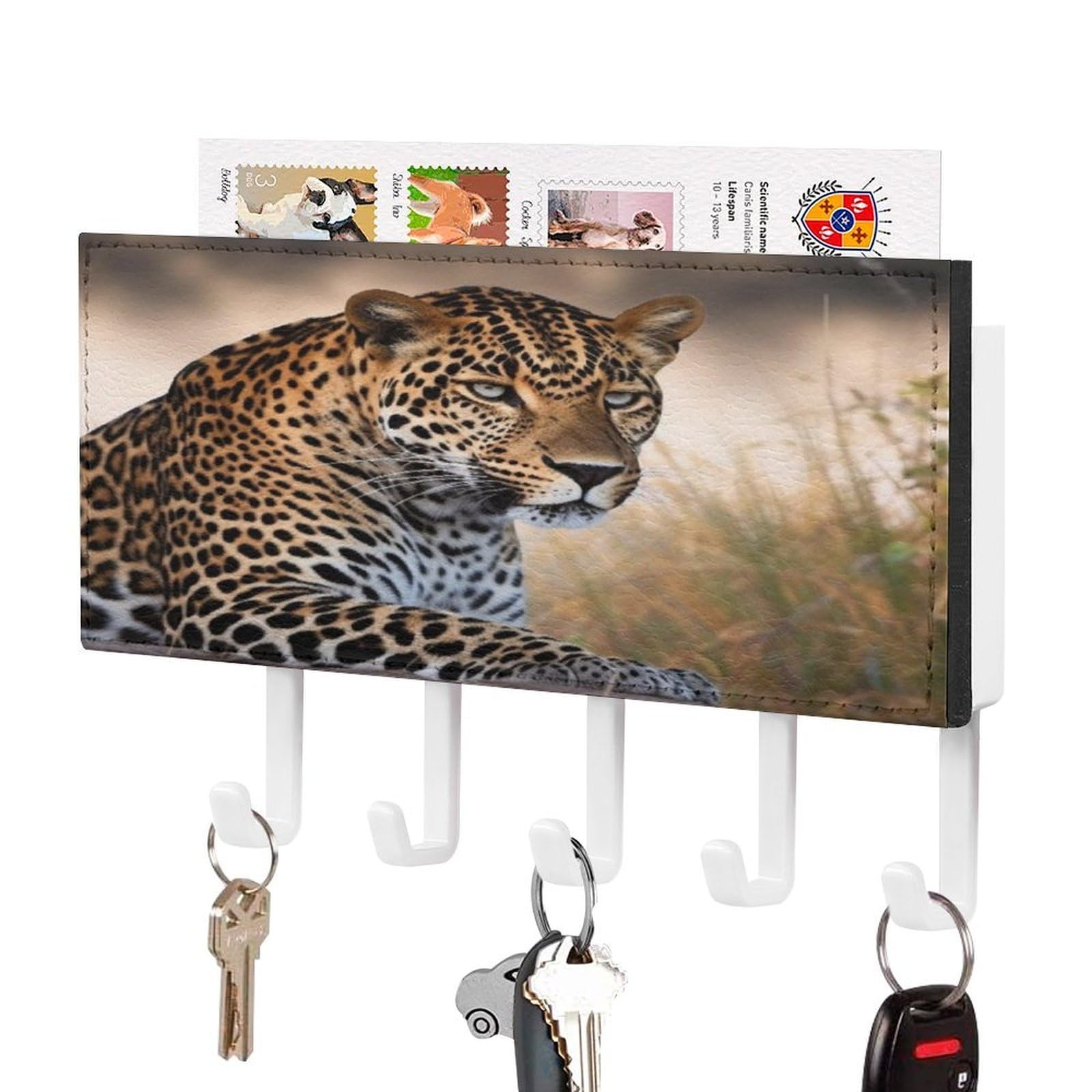 VstaDank African Animal Leopard Key Holder for Wall Key Holder Wall Mount Adhesive with Mail Organizer Tray Adhesive Metal Key Rack with 5 Hooks Hanger PU Leather Key Hanger for Entryway