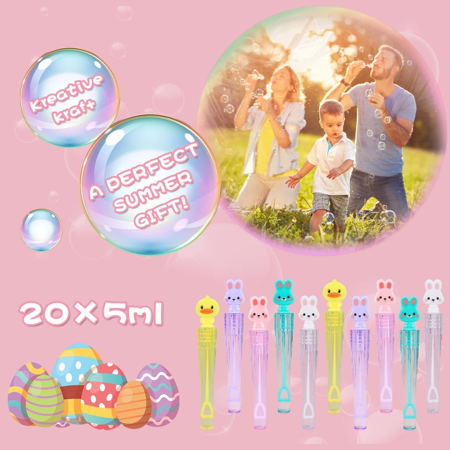 SULOLI 20 Piezas Mini Pompas de Jabón，Palitos de Burbujas de Pascua，Burbuja Varita de Burbujas para Cumpleaños Infantiles, Bodas，Pascua，Exteriores Juguetes para Niños (5 Estilos
