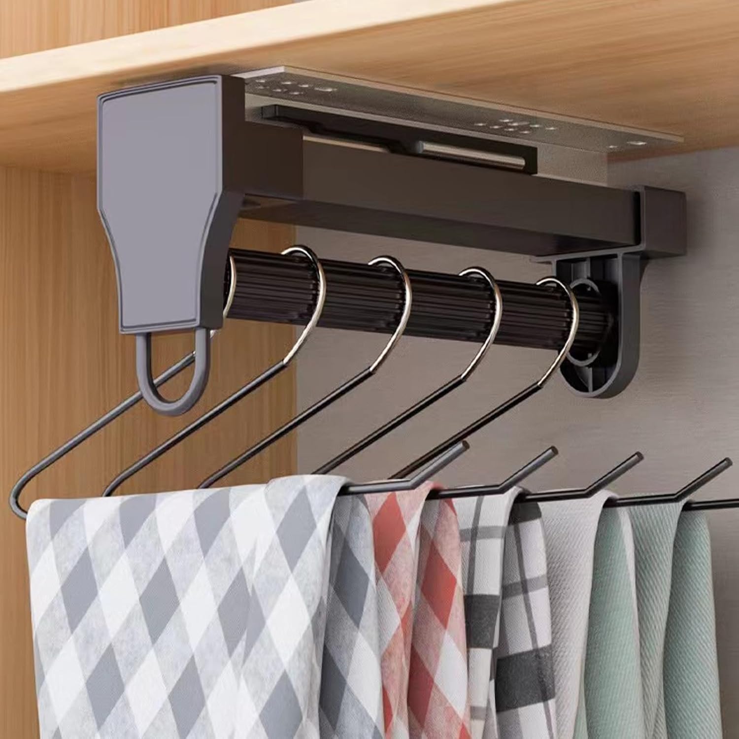 Adjustable Closet Rod, Extendable Clothes Hanger with Double Slide Rails, Silent Damping, Bearing 35kg, Top Mount Wardrobe Hanger Rack(Black,41.5cm/16.3in)