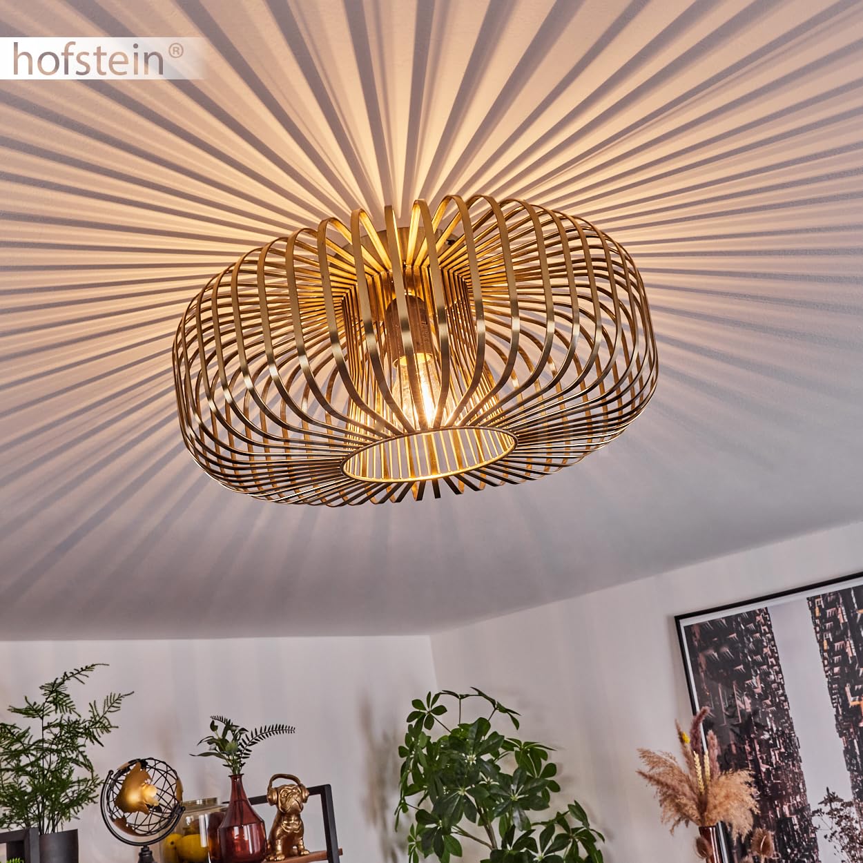 HOFSTEIN plafoniera Wemude, plafoniera rotonda in metallo color ottone antico, apparecchio retrò con effetto luce grazie all'aspetto a griglia, Ø 40 cm, 1 luce, attacco E27. senza lampadine