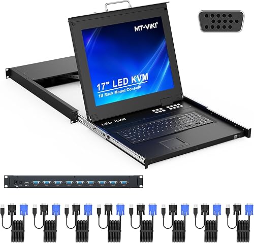 MT-Viki Conmutador KVM de 8 puertos VGA con monitor LCD de 17 pulgadas, consola KVM LCD para rack de 1U de 19 pulgadas, integrado con teclado+panel