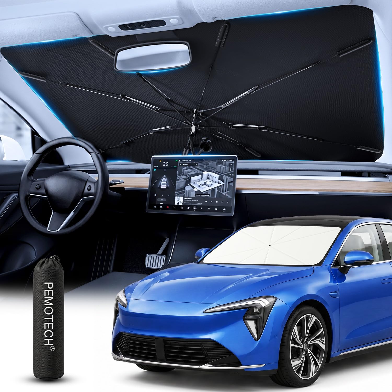 PEMOTech Faltbarer Sonnenschutz Auto mit 5-Layer Nano, Sonnenblende Auto, Sonnenschutz Auto Frontscheibe, 360° Drehbar, UV-Schutz, Hitzeschutz, Anti-Puncture für die meisten Fahrzeuge (132×76cm)