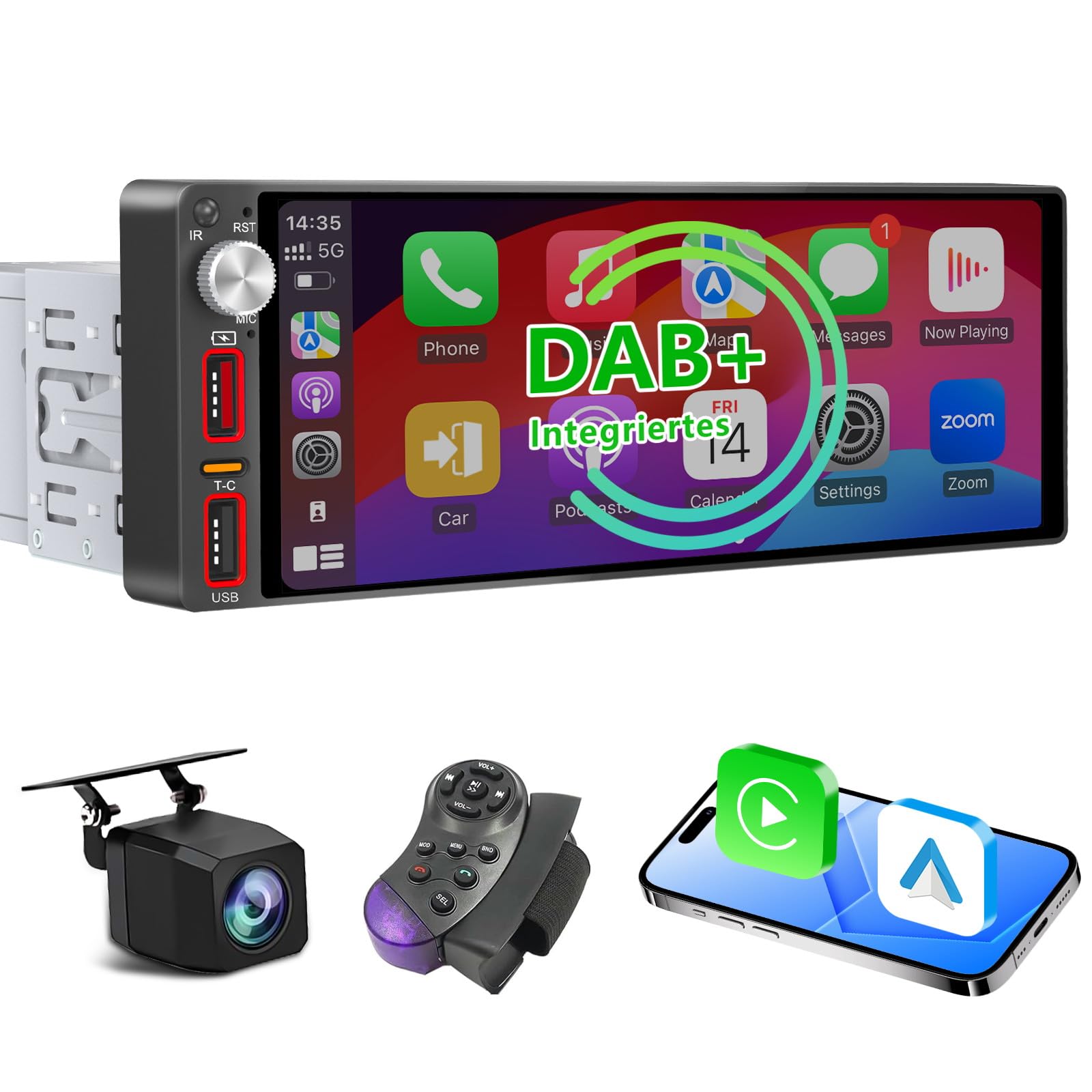 DAB+ 6,9 Zoll 1 Din Autoradio mit drahtlosem CarPlay & Android Auto, Bluetooth, Full Touch Autoradio Display AM/FM, ，Free Rückfahrkamera，Lenkradsteuerung/DSP/Subwoofer