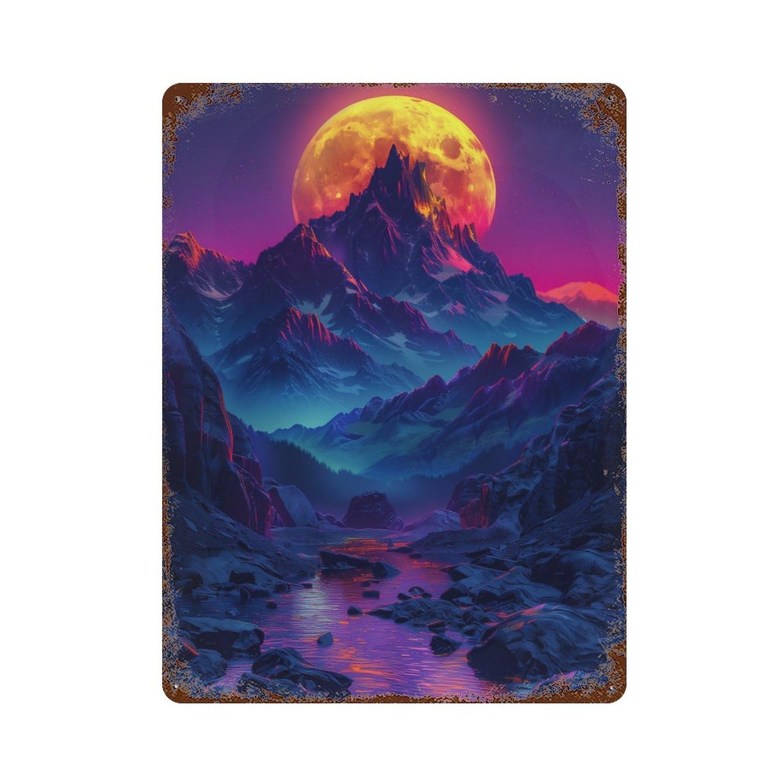 Retro Metal Sign with Vibrant Mountain Moonlit Landscape Design 15.7"x11.8", for Shed, Workshop And Garage Wall Decor, Old School Wall Decor