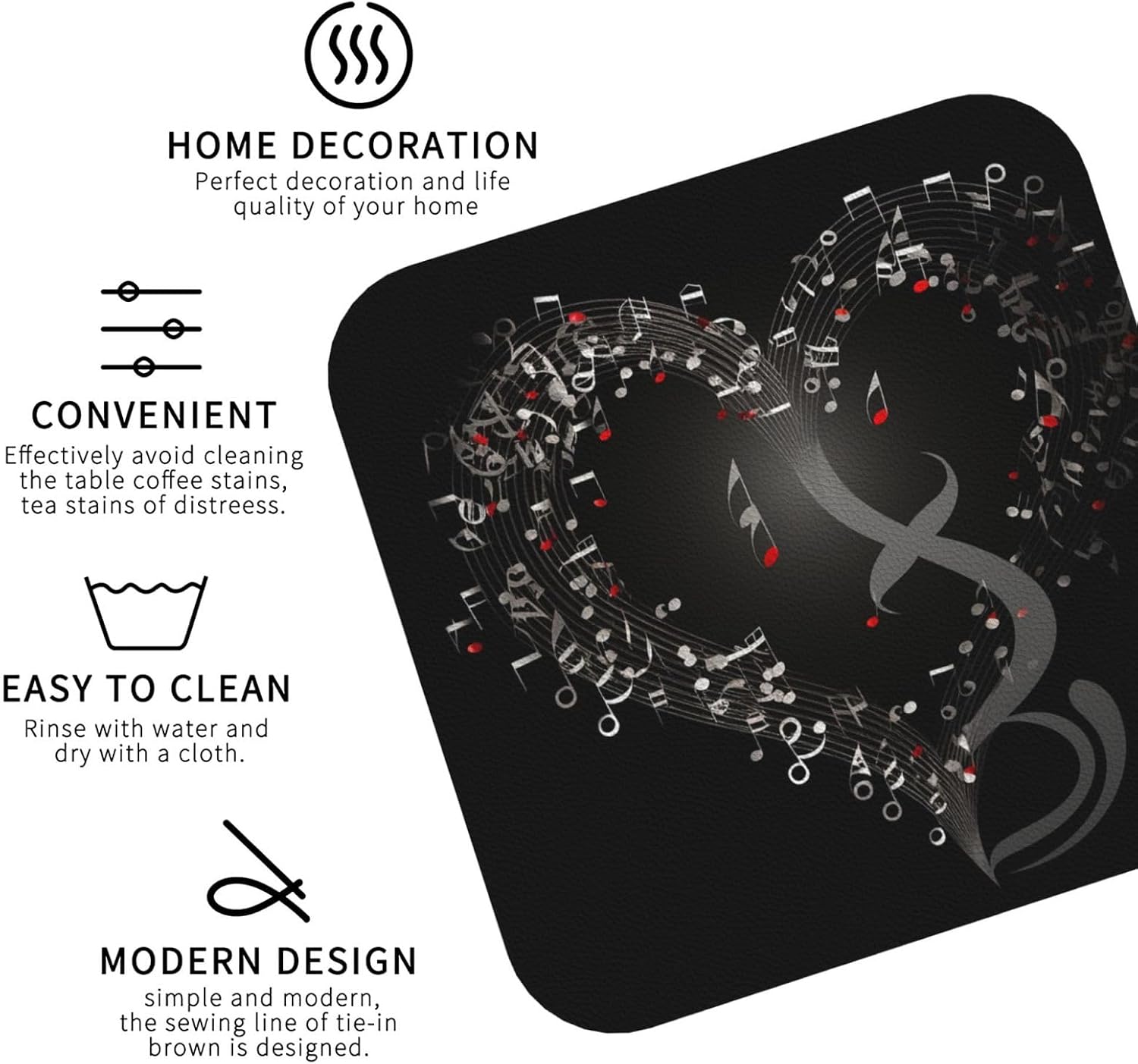 Music Note Heart Coasters Set of 4, Leather Coasters for Drinks Absorbent Drink Coaster Gifts Cup Mat for Tabletop Protection Cup Coaster for Coffee Table image 3