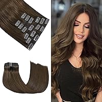 Vista 7 de Honsoo Extensiones de cabello humano real de color marrón con pinzas, marrón castaño, 15 pulgadas, 70 g, 7 unidades, cabello lacio sedoso y marrón