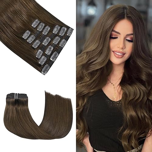 Miniatura 7 de Honsoo Extensiones de cabello humano real de color marrón con pinzas, marrón castaño, 15 pulgadas, 70 g, 7 unidades, cabello lacio sedoso y marrón