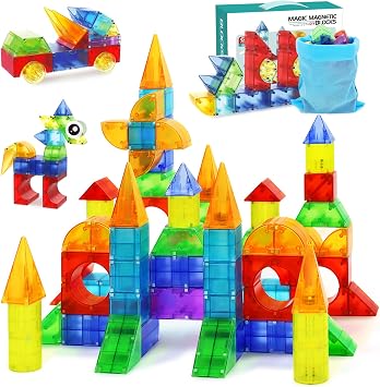 Huaker 66Pcs Magnetic Building Blocks, Translucent 3D STEM Toys for Age 3+