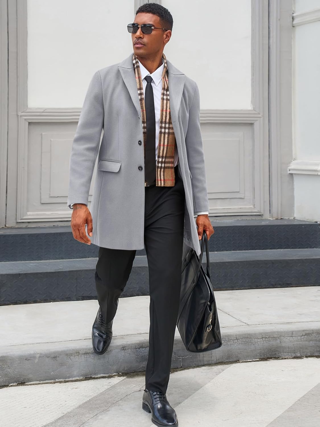 Runcati Men's Pea Coat with Detachable Plaid Scarfs Fall Single Breasted Wool Blend Trench Coat Winter Overcoat - Image 4