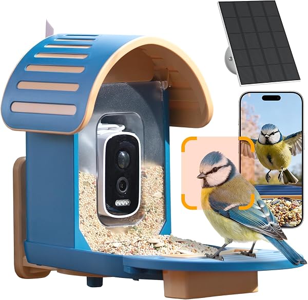 Mangeoire Oiseaux Camera, Camera UHD 2,5K, Solaire, Identification IA Sensible, Alertes instantanées, Enregistrement vidéo, étanche IP66 mangeoire Oiseaux, Bleue - 1