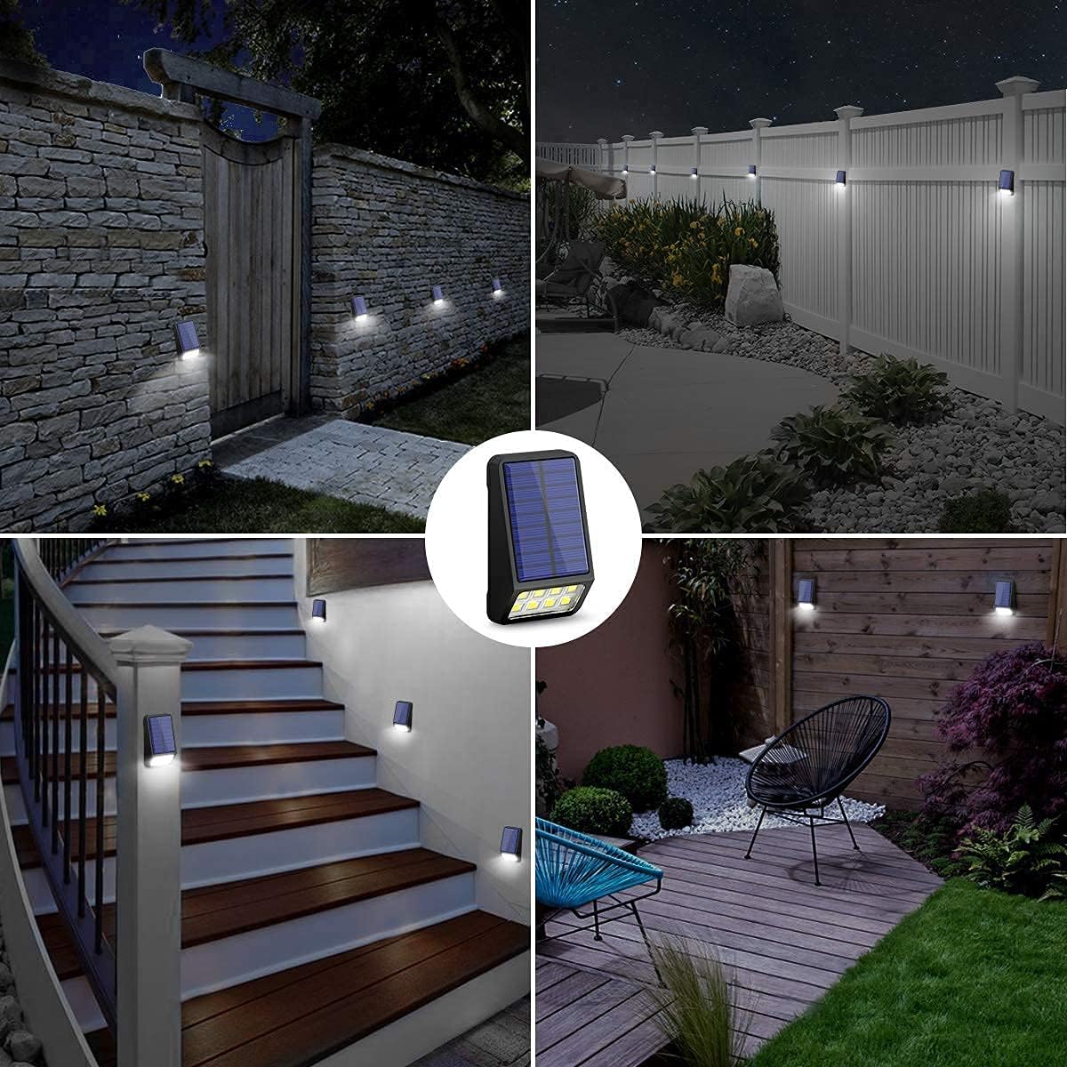 LOHAS LED Solar Fence Post Lights, 4Pack, Black, Modern Style, 8 LEDs, 5W Equivalent, 6000K Daylight White, IP65 Waterproof, AUTO ON/OFF, Dusk to Dawn, Wall Mount, 3.94 x 2.24 x 1.18 inches
