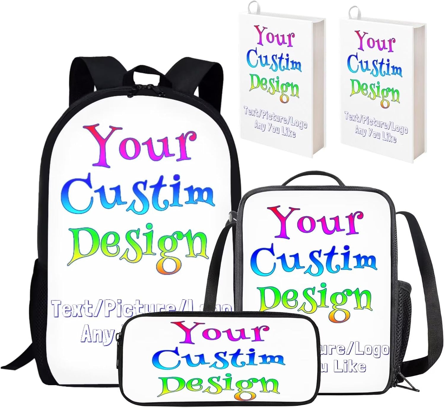 BIGCARJOB Custom Design School Bags Set for Kids Children Backpack 5 Pcs Custom Lunch Box Pencil Case Book Bags Boys Girls Personalized Backpack Large Rucksack Casual Daypack