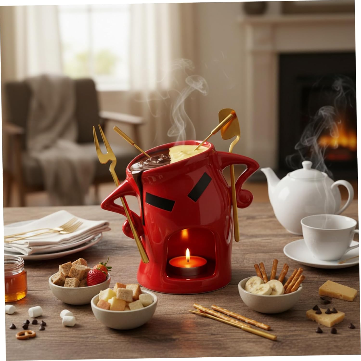 Chocolate Fondue Cup, Ceramic Fondue Mug Set with with Fork and Spoon, Chocolate Melting Cup for Cheese Butter Caramel, Red
