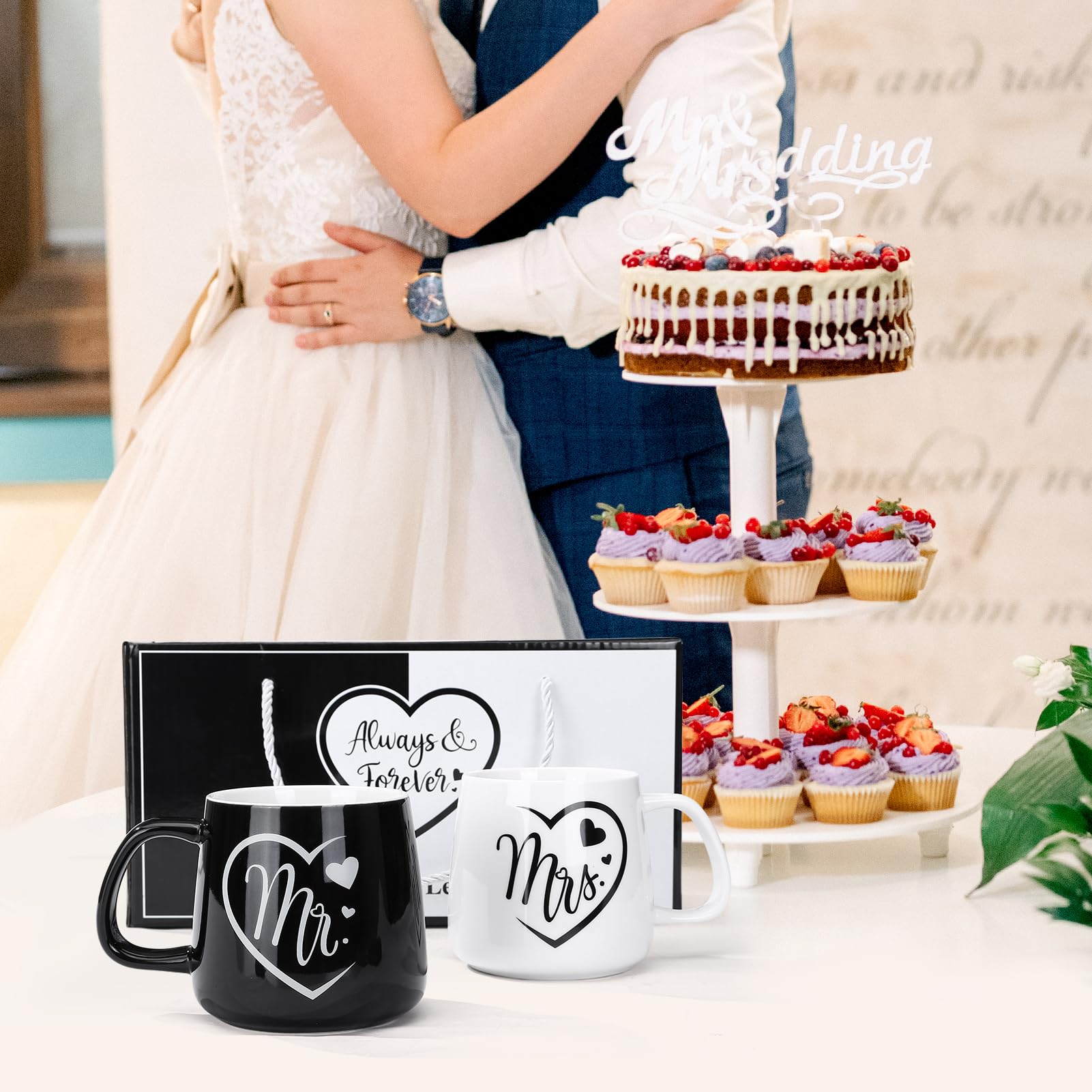 LIHAO Mr i Mrs Filiżanki dla pary, dla pary, na ślub, zaręczyny, do kawy, na rocznicę ślubu, 2 sztuki